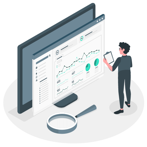Illustration of a woman looking at a digital marketing dashboard.