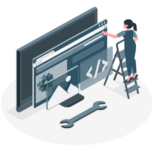 An illustration of a woman providing web design services. She is standing on a ladder working on a large replica of a computer monitor with a website on it.