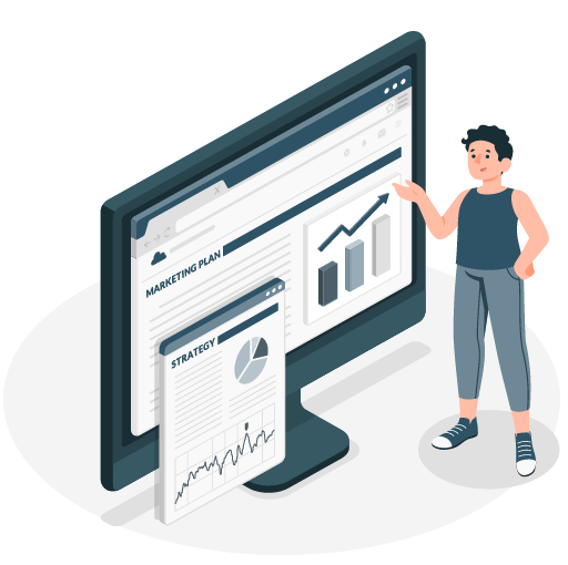 an illustration of a digital marketing expert presenting a marketing plan that includes web design, SEO, social media management and paid advertising.
