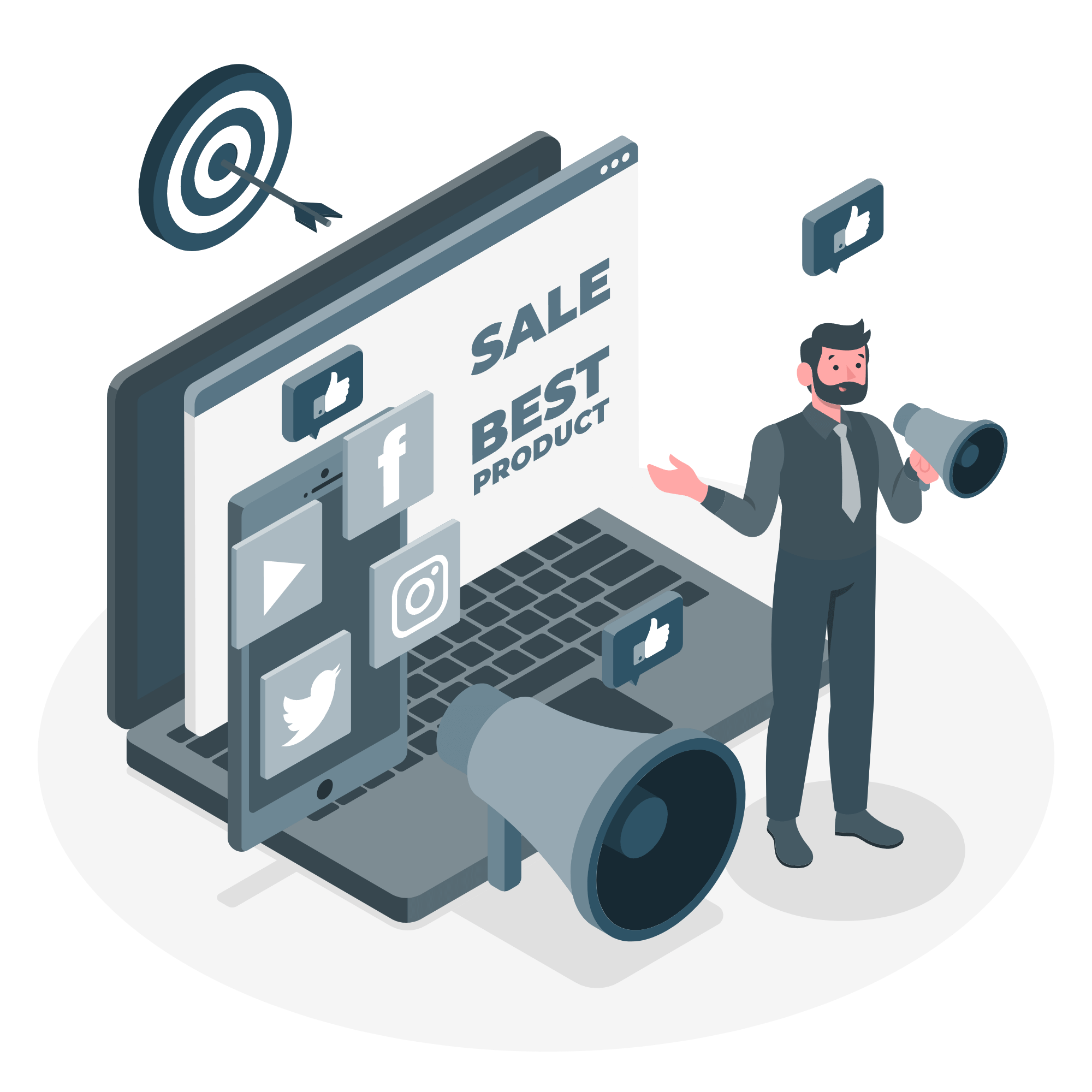 An illustration of an online advertising manager using a bull horn in front of a laptop.