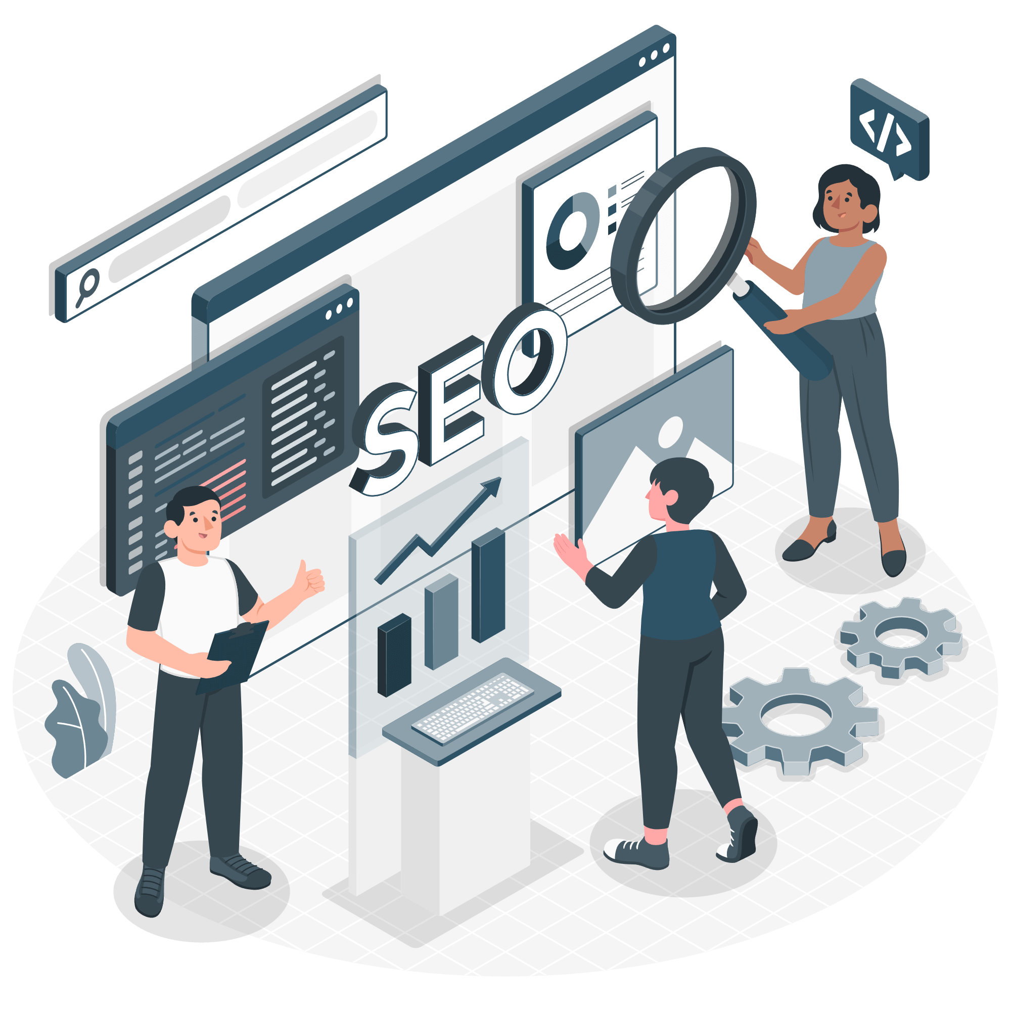 An illustration of an SEO services team working on a website