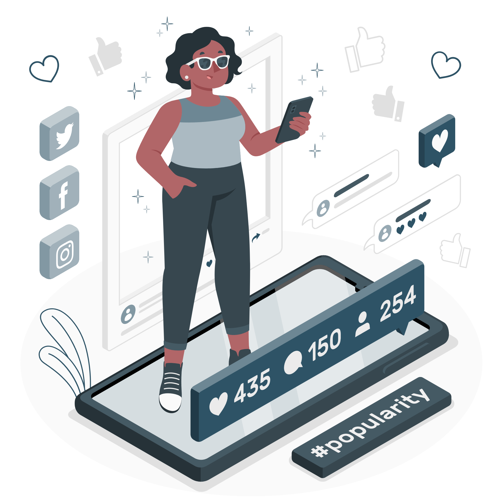 Illustration of a woman standing on a large tablet using her phone to provide social media management services