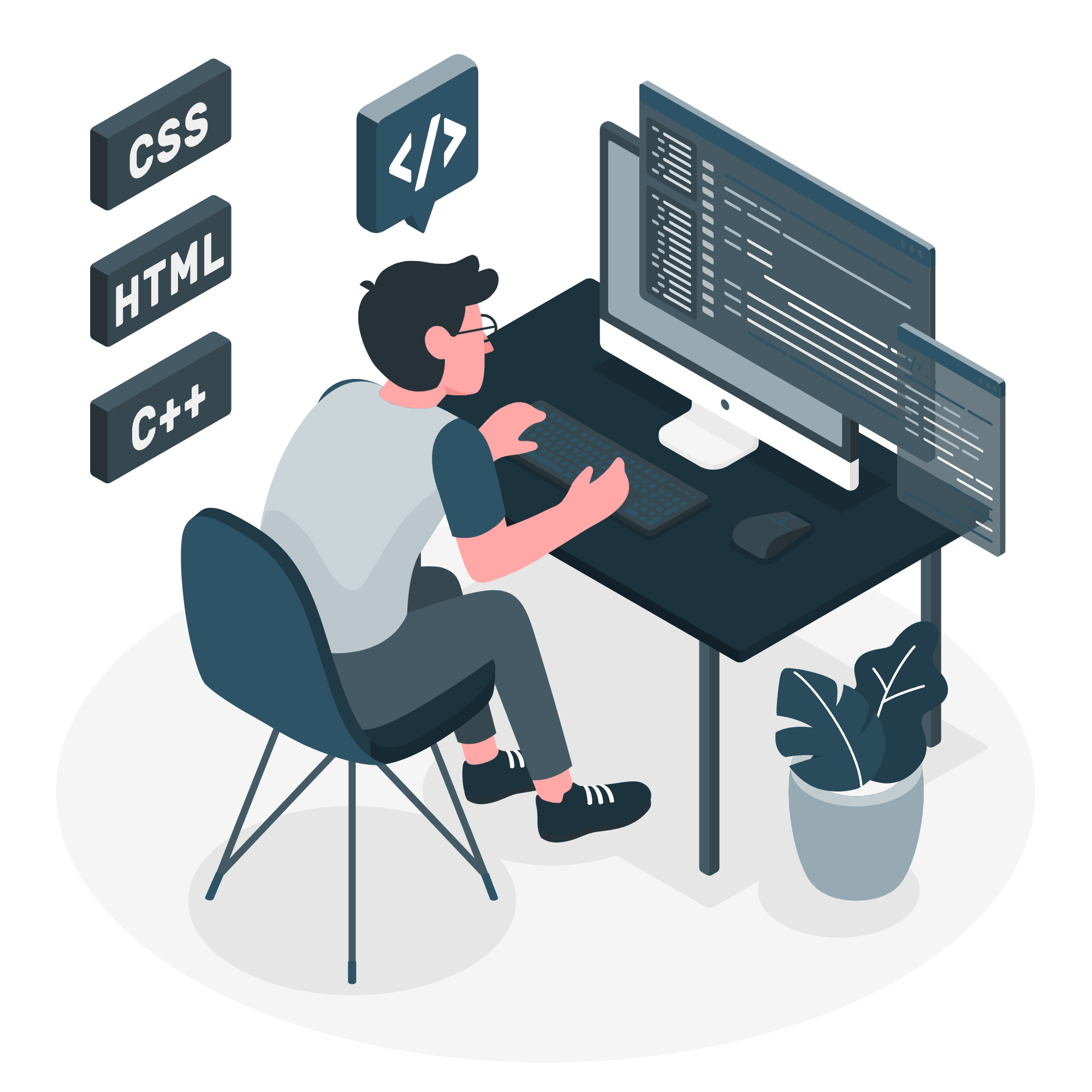 WordPress Development Services Illustration of a man coding at his desk