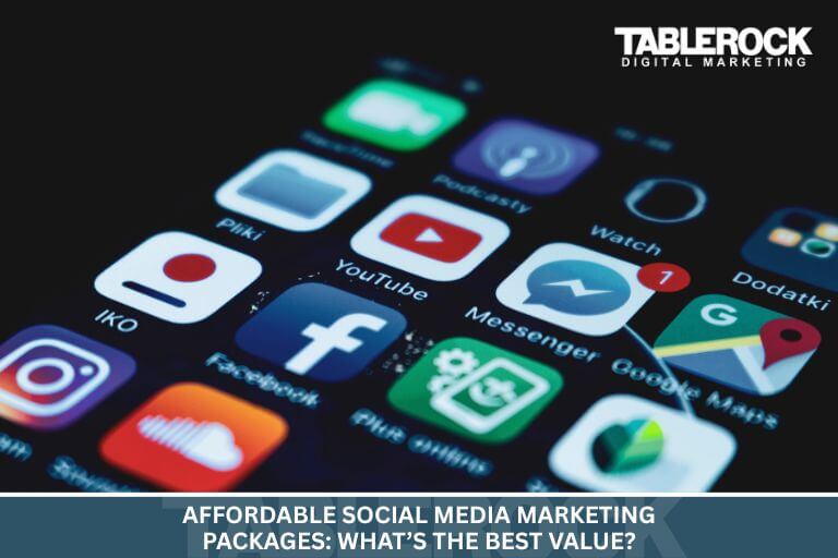 A phone screen with many icons representing the many different social media marketing packages available