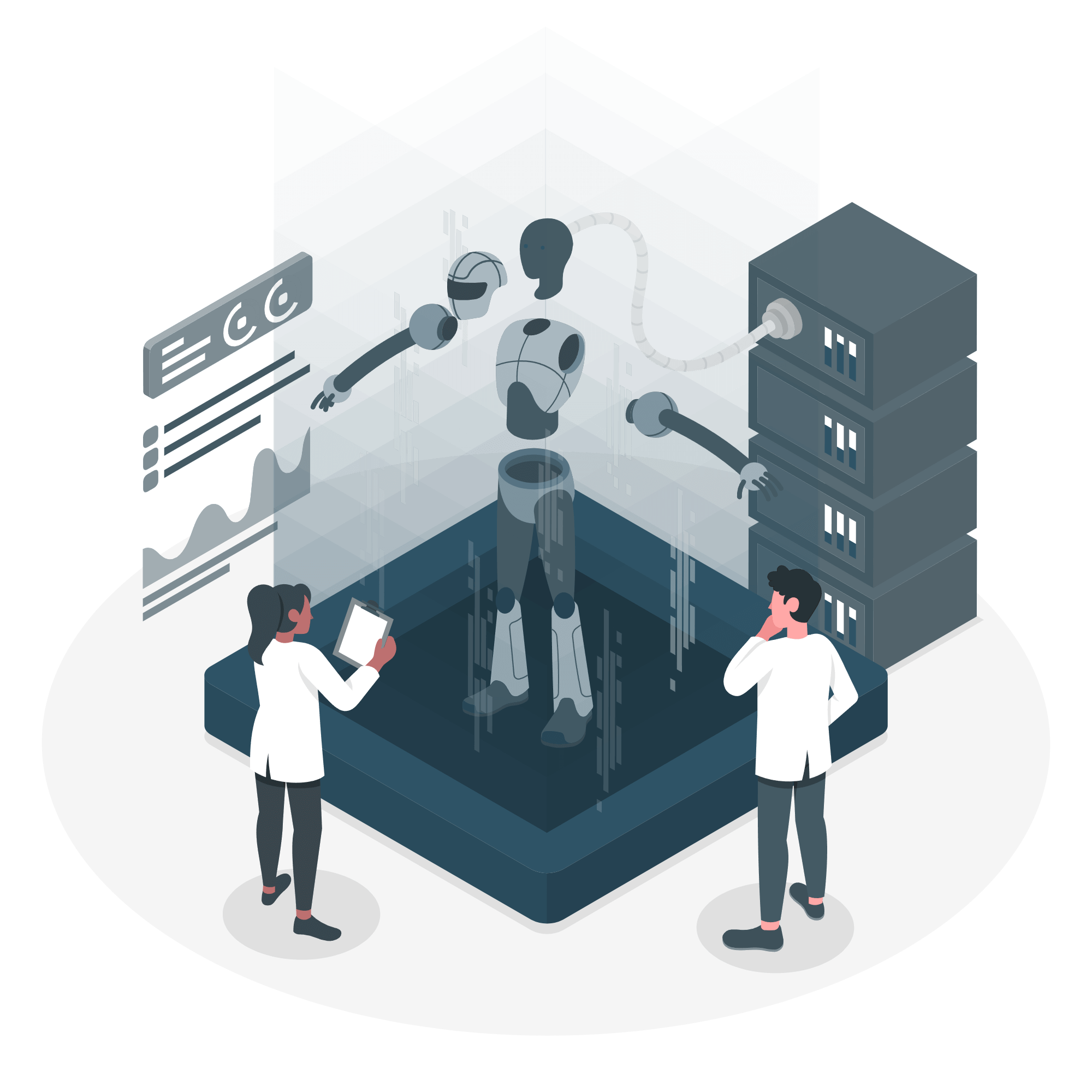 An illustration of an AI SEO services team working on a a robot that represents an LLM